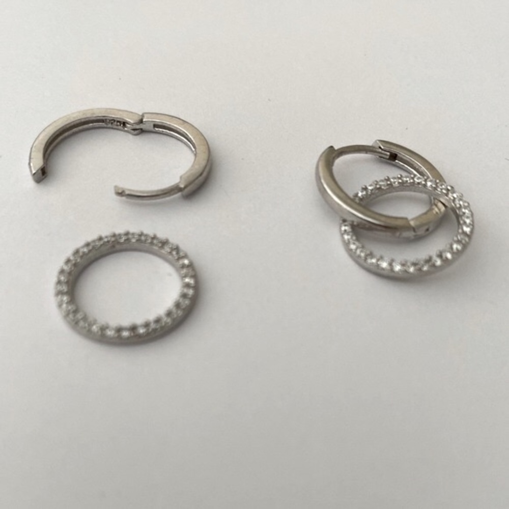 Round earrings 925 silver cz stones hoops - Picture 2 of 3